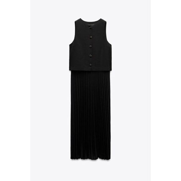 Zara Womens Midi Dress S Black Pleated Combination Sleeveless 8741/040 NWT - Picture 3 of 16